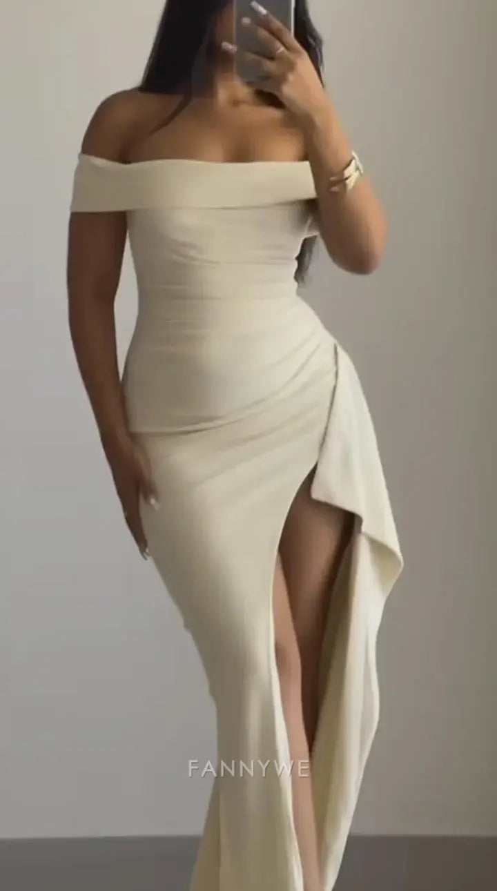 Vestido largo formal elegante con hombros descubiertos y abertura en color marfil para dama de honor, vestido de noche, vestido de fiesta